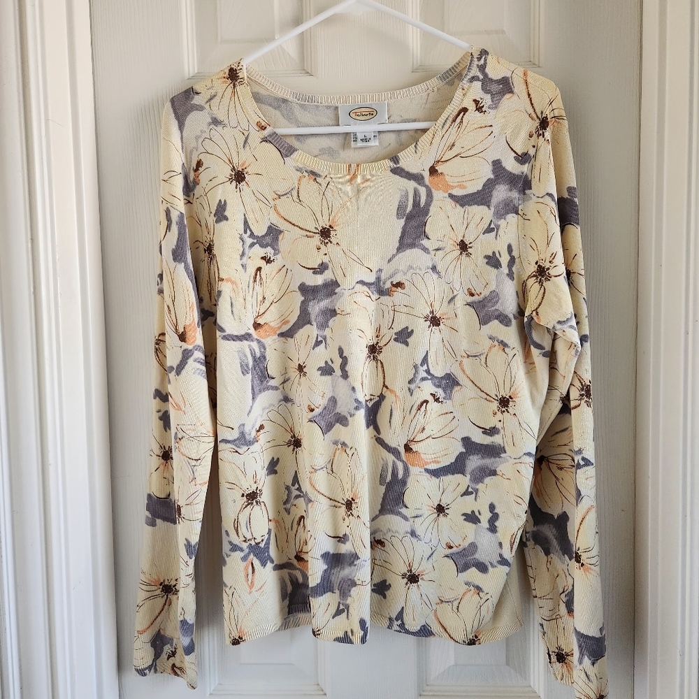 Talbots Butter Yellow & Gray Floral Silk Blend Pullover Sweater‎ Size L Career